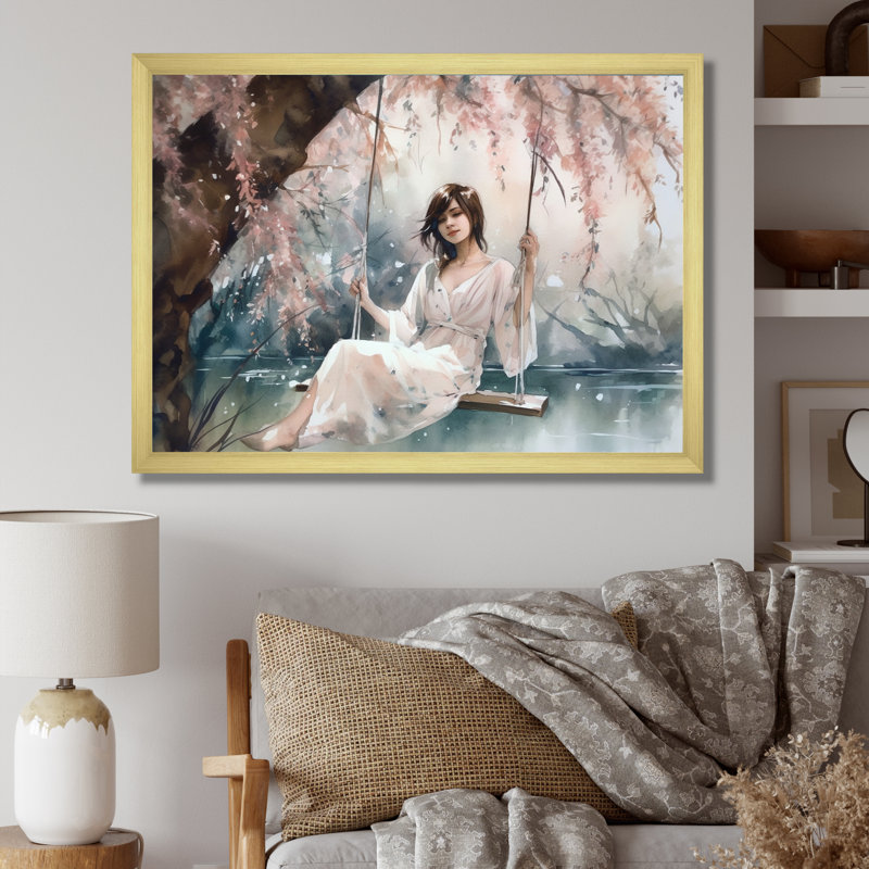 Superbe femme sous un saule IV sur toile, H 24 po x l 32 po x P 1 po, Encadrement doré