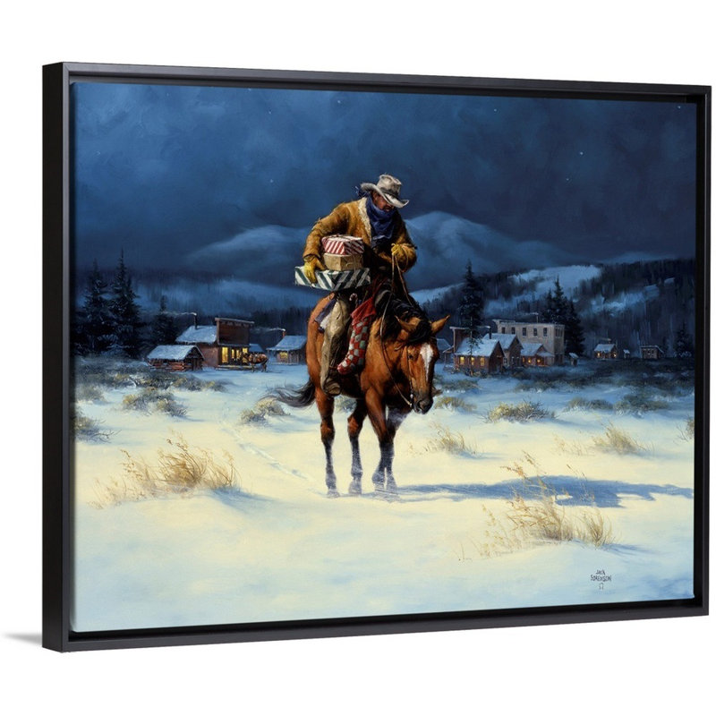«Bringing Christmas Home» par Jack Sorenson - reproduction d'art sur toile, H 26 po x l 32 po x P 1,75 po, Cadre noir