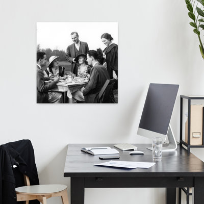 1930S Outdoor Dining Scene Two Upscale Couples Seated At Table Another Couple Visiting Classic Elegant Retro Architecture Wall Art