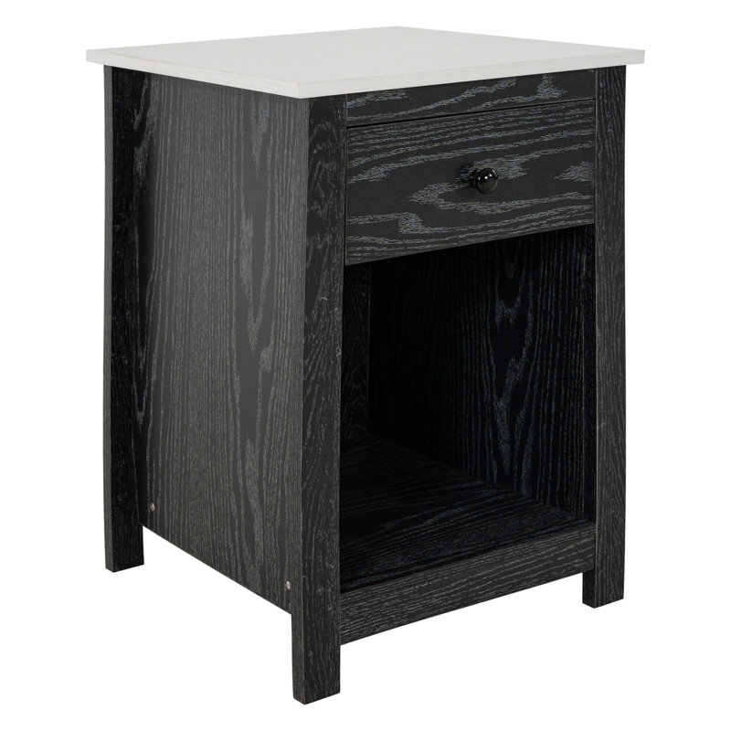 Inus 2 Tier End Table with Drawer and Storage Cabinet, Side Table with Sliding Drawer for Bedroom, Distressed Black