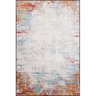 Orange And White Embroidered Pastel Patterned Woven Base Washable Carpet