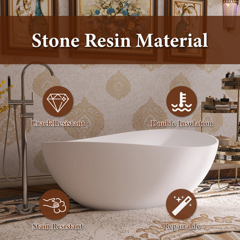 63" Freestanding Soaking Stone Bathtub Solid Surface Tub With Irregular Shape White Tub, Matte White