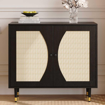 Black Rattan Cabinet Accent Sideboard Buffet with Adjustable Shelves, Storage for Kitchen and Dining Room