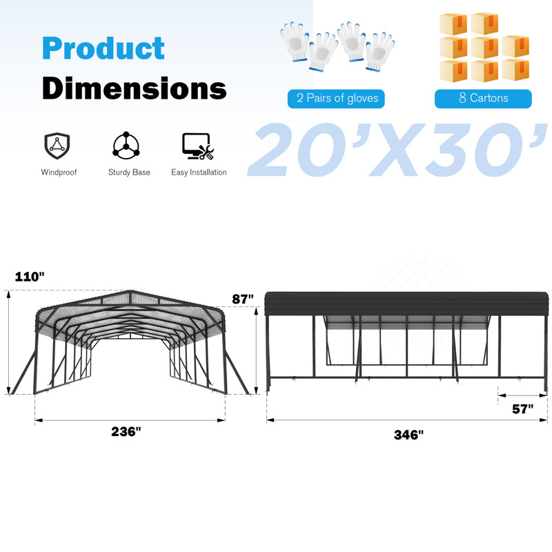 20 ft. W x 30 ft. D Metal Carport with Reinforced Heavy-Duty Steel Frame, Outdoor Canopy Shelter for Multiple Vehicles