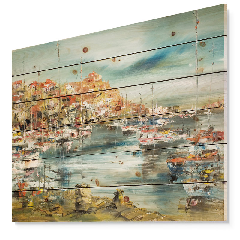 « port on the méditerranée sea », peinture, Bois, H 30 po x l 40 po x P 1,5 po