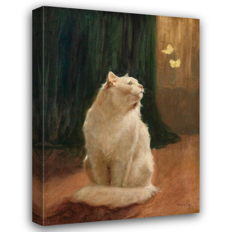 "Chat blanc et deux papillons de soufre" par Arthur Heyer - Art mural sur toile tendue avec châssis, H 18 po x l 14 po