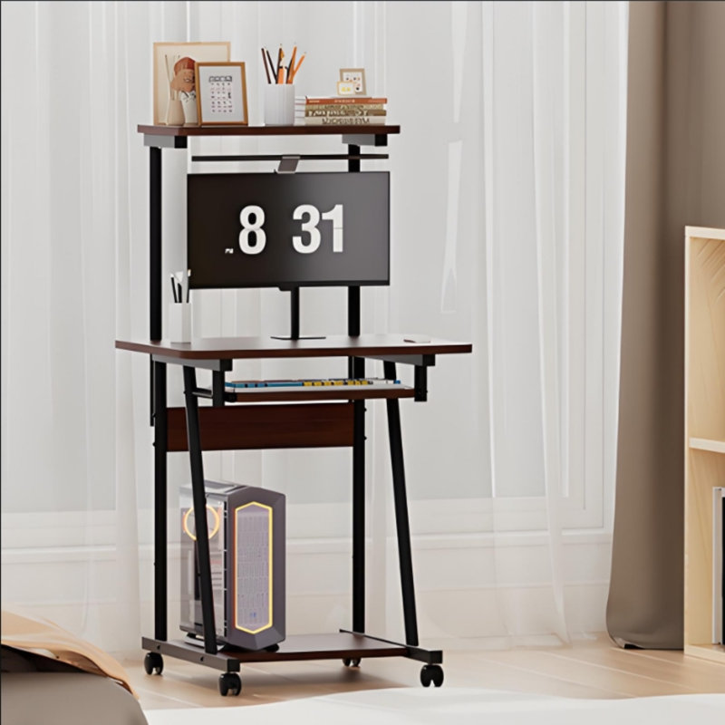 Bureau d'ordinateur mobile à 2 niveaux avec tablette pour imprimante et plateau pour clavier