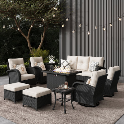 Red Barrel Studio® 10 Pieces Outdoor Patio Furniture Set with Fire Pit Table, Rattan Wicker Sectional Swivel Rocker Chairs Sets