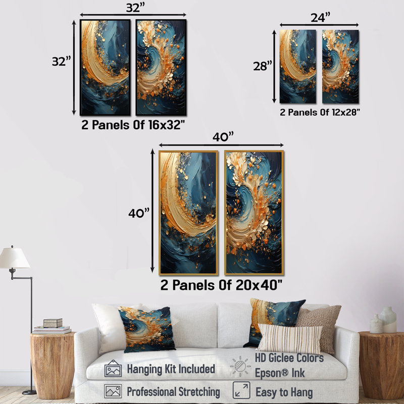 Golden Sapphire Surge - ensemble de 2 reproductions d'art sur toile, Toile tendue, H 28 po x l 25 po