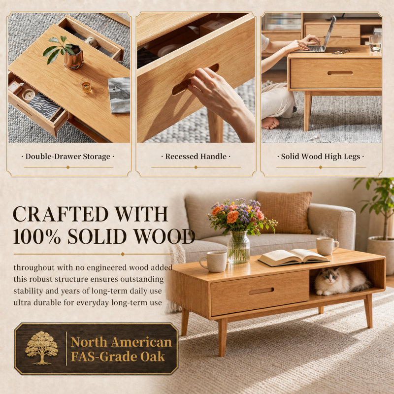 Solid Wood Coffee Table North American Oak Stylish Durable Design Perfect for Living Room Modern Home Decoration, Natural
