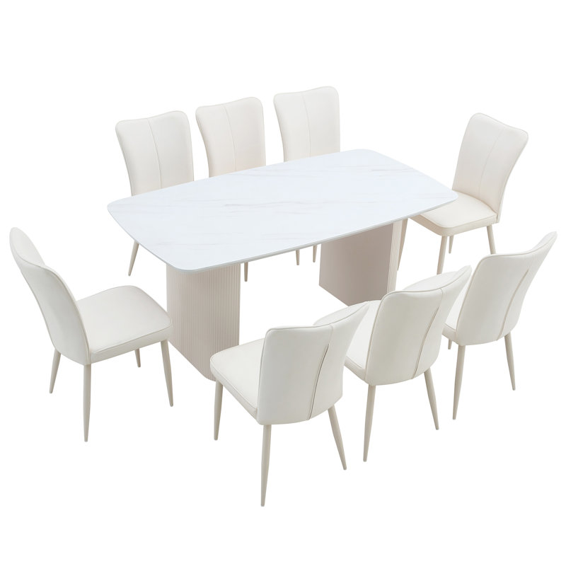 Rectangle Marble Top Double Pedestal Dining Table Set, 9