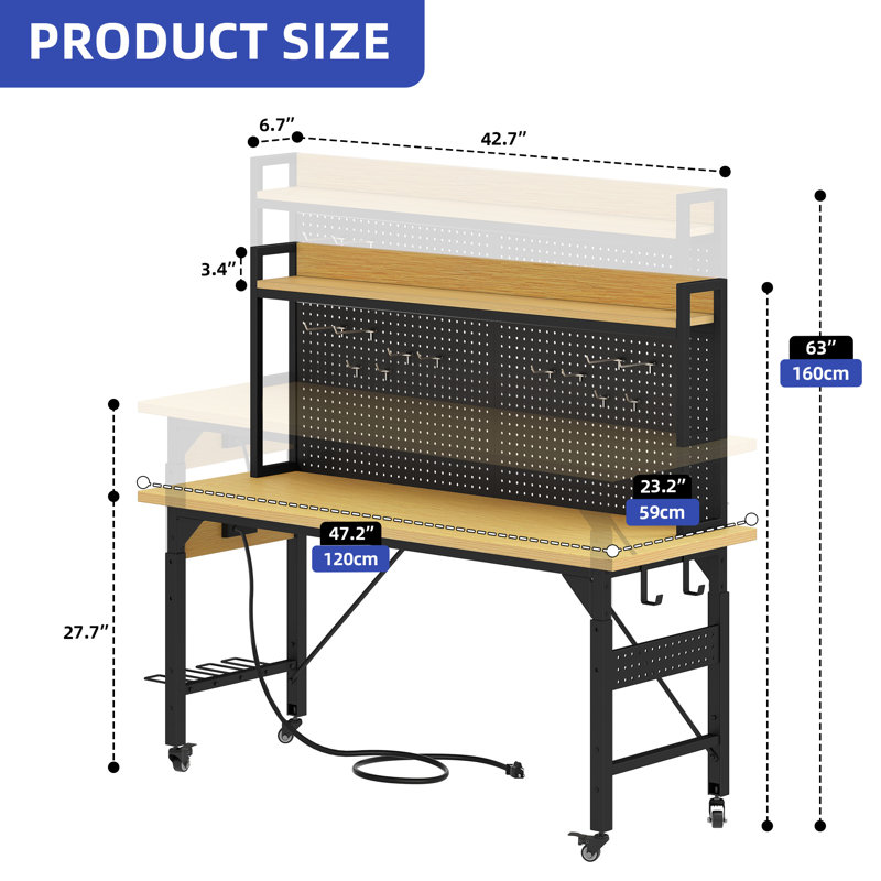 Heavy Duty Adjustable Workbench with Pegboard, Wheels, and Power