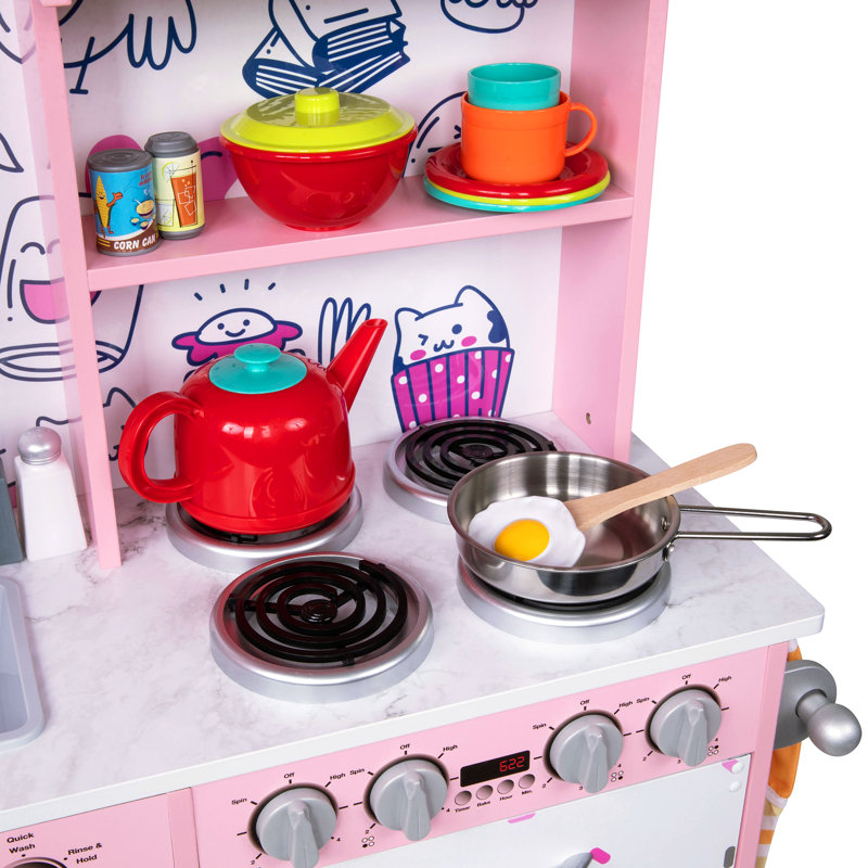 Pink Wooden Play Kitchen Set with Realistic Sounds
