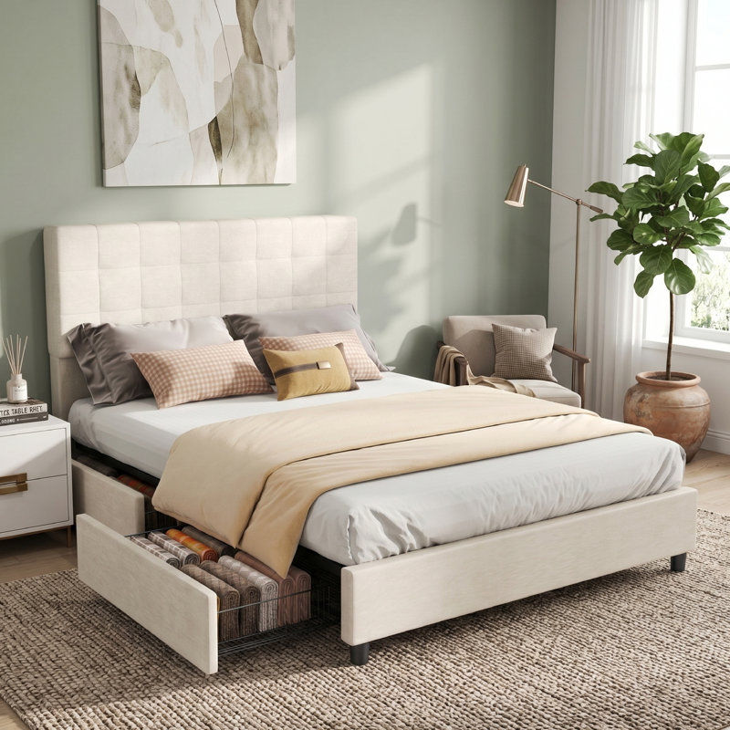 Structure de grand lit avec 4 tiroirs, lit plateforme avec tête de lit, aucun sommier requis, Blanc, Grand lit