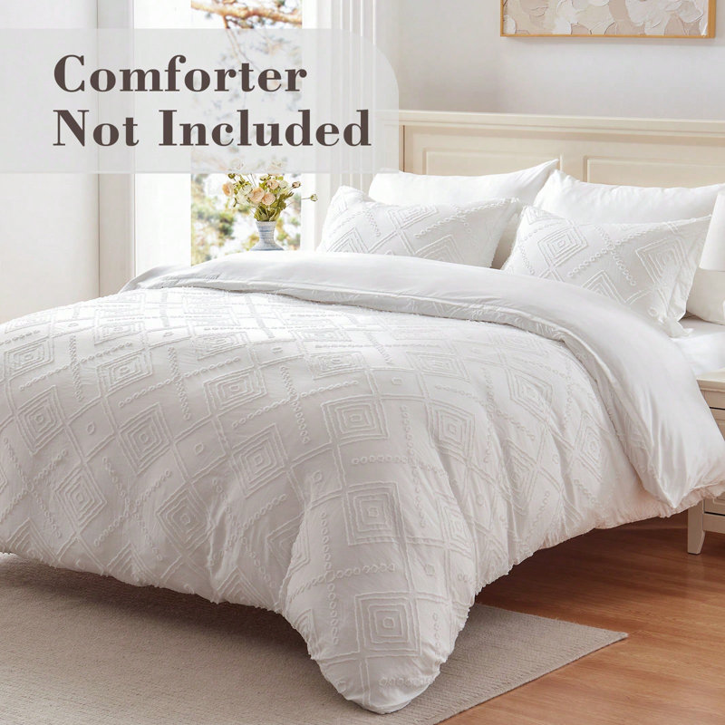 Ensemble de housse de couette Boho EMME, Housse de couette simple + 1 taie décorative stan, Blanc géométrique