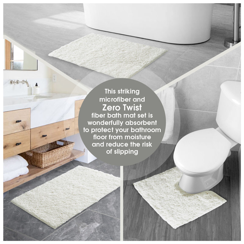 Luxury Zero Twist Bath Mat Set 2 Piece Plush Microfiber Bathroom Rug & Pedestal Mat Non Slip Absorbent Washable, Cream
