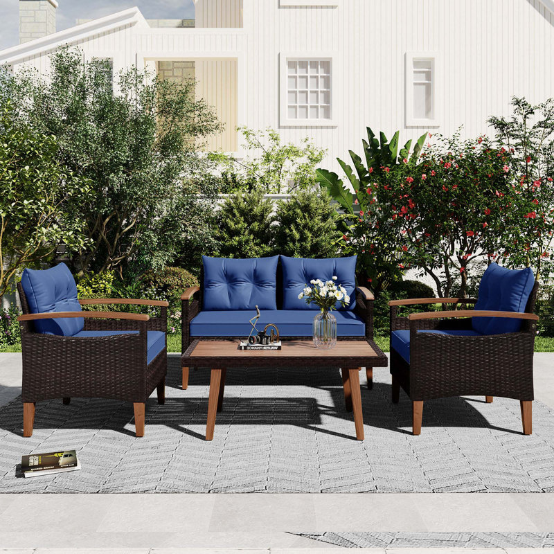 4-Piece Patio Seating Set With Wood Table, Blue
