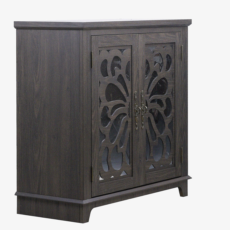 Élégant buffet avec 2 portes en miroir en acrylique Buffet et rangement avec rangement, armoire d'appoint sculptée creuse en stratifié brun et support en panneau de fibres à densité moyenne, tablette spacieuse réglable