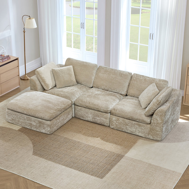 108" 4-Piece Modular Sectional Sofa With Chenille Fabric, Frameless Design & Cloud-Like Comfor, Brownish Gray Polyester