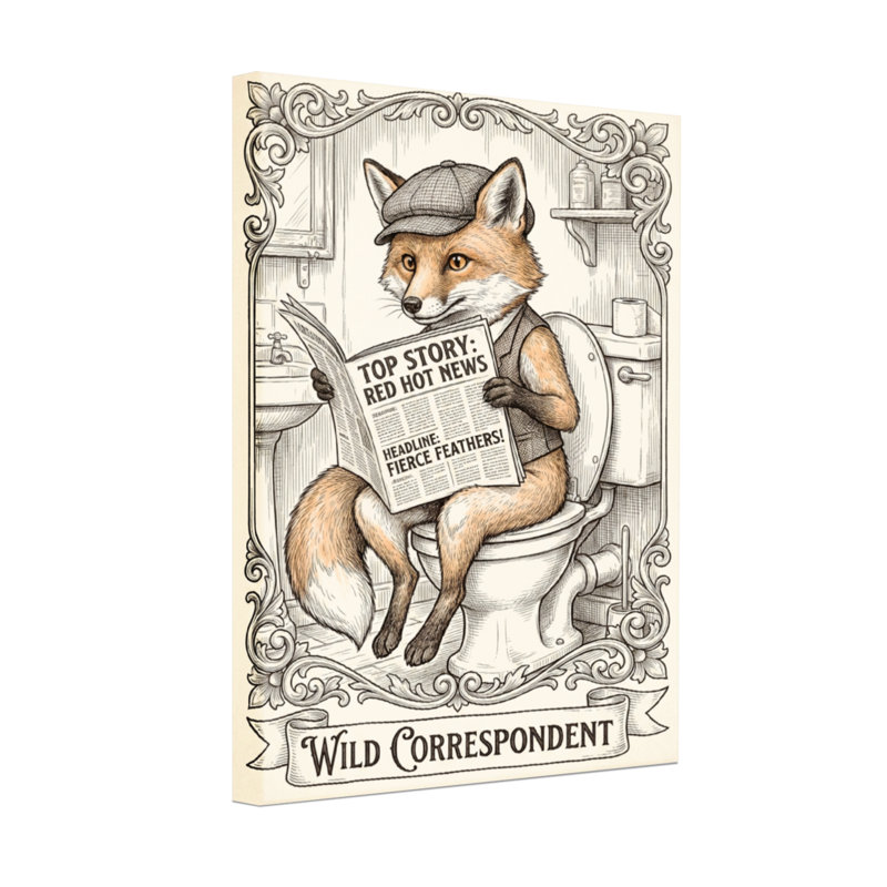 Bath & Laundry Fox Reading Newspaper On Toilet, 16" H x 24" W