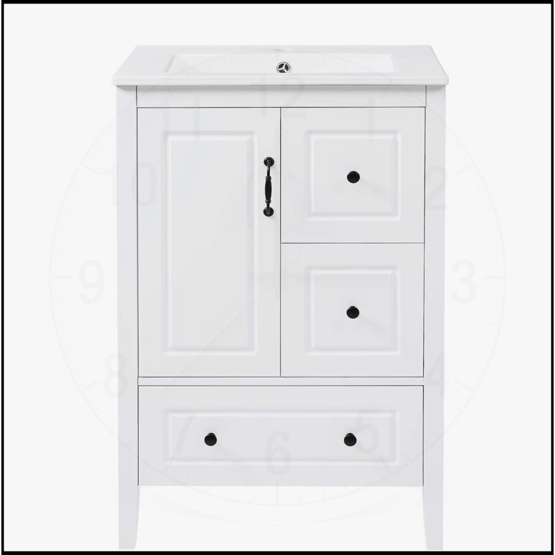 Meuble-lavabo 24 po avec lavabo, une armoire et trois tiroirs à fermeture en douceur, poignées en métal rétro, Blanc
