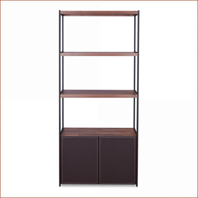 Bibliothèque, bois d'ingénierie rustique, brun noyer Noir sable, tablettes ouvertes et armoire fermée | Noyer brun | Bois d'ingénierie