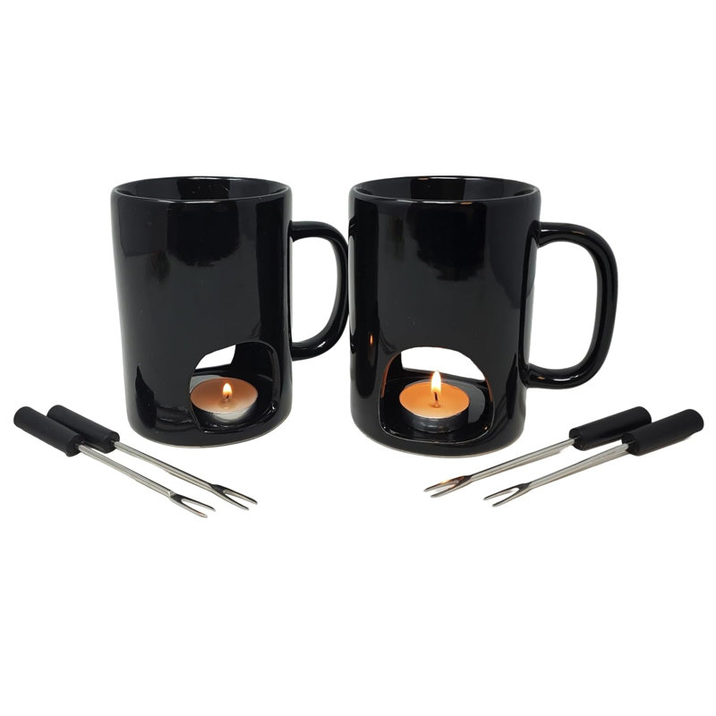 Ensemble de 2 tasses à fondue en céramique noire KOVOT avec fourchettes et bougies chauffe-plat