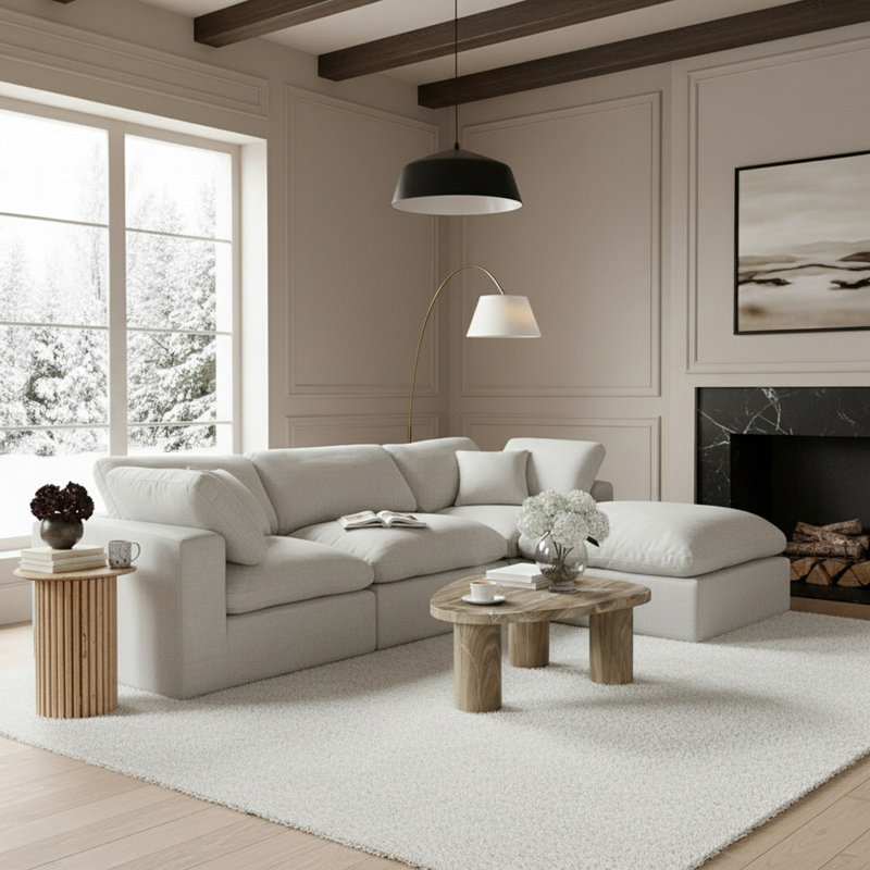 Humfrey Upholstered L-Shaped Sectional Reversible, White Linen Textured Fabric