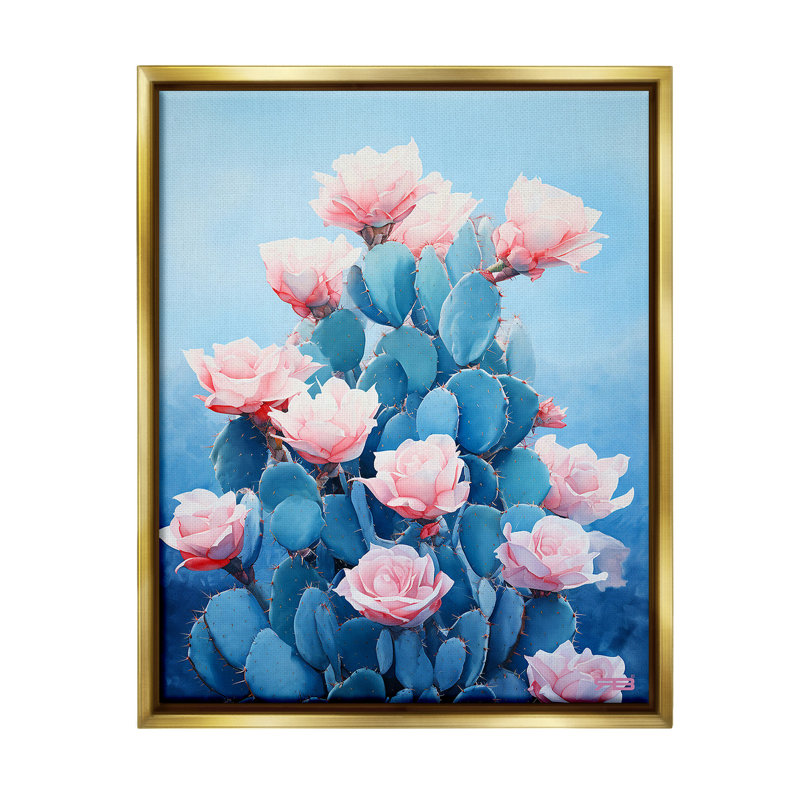 "Cactus and Rose Blossoms" par RB sur toile, H 21 po x l 17 po, Cadre flottant métallique doré