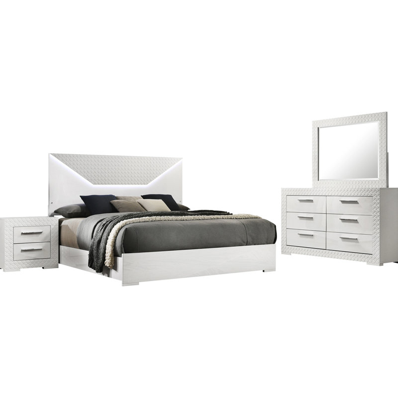 Grande chambre à coucher blanche de 4 grands lits avec carrelage à 3 losanges et commode doublée de feutre de style contemporain, table de chevet
