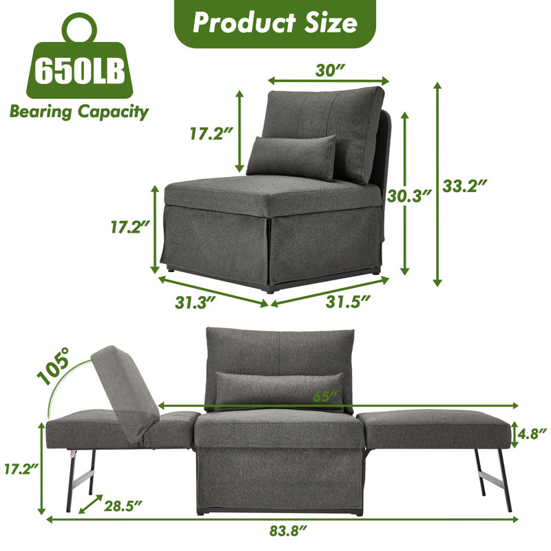 4-In-1 Convertible Sleeper Chair Bed, Dark Gray Linen