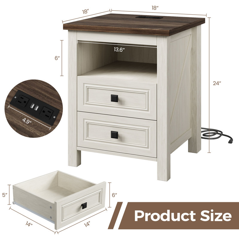 Valera 18"W Nightstand with Charging Station, Farmhouse End Table with 2 Drawers & Open Storage, Set of 2, White