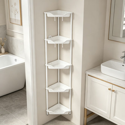 Organisateur de douche sur pied à 5 niveaux, fabrication en métal et en plastique antirouille, support de tablette de coin de salle de bain avec trous de drainage et crochets, blanc