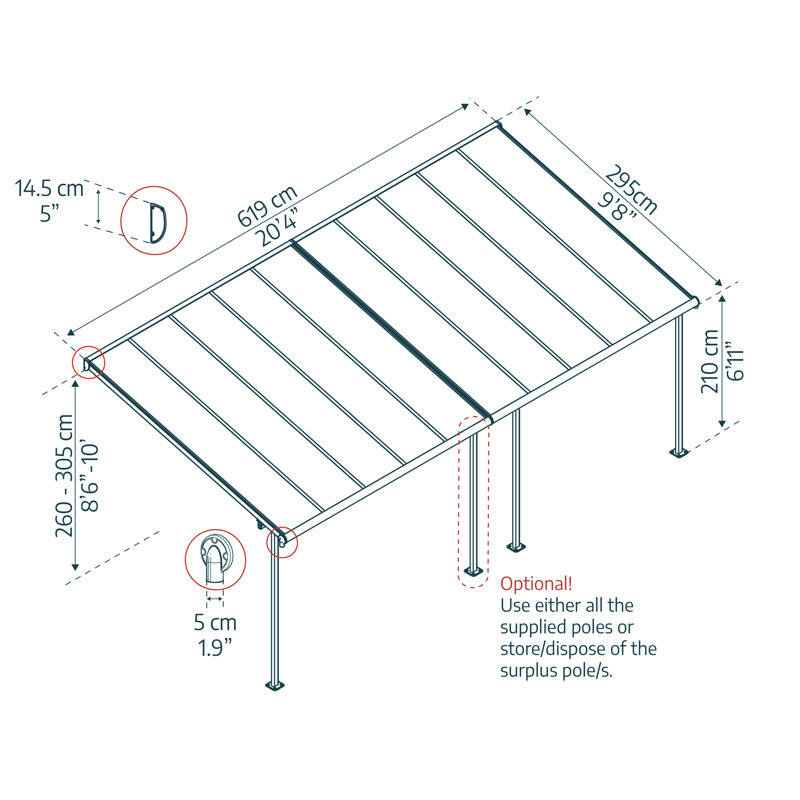 Palram - Canopia Sierra 20' W x 9' 7" D Polycarbonate Aluminum Stationary Patio Awning Gray, 102.4" H x 116.1" W x 243.7" D