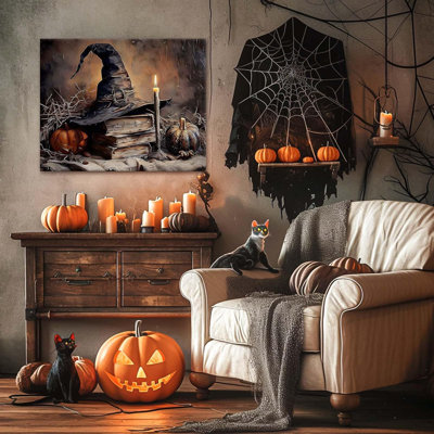 Halloween, décoration murale, livres, chapeau de sorcière et bougie, impressions sur toile, citrouille effrayante, affiche sur toile pour Halloween