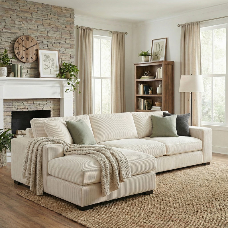 Canapé modulaire de 111,52 po faisant face à la gauche avec méridienne, Velours côtelé beige