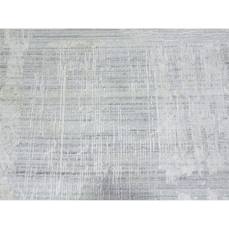 Tapis rectangulaire gris en laine / viscose tissé à la main, Rectangle 6 pi x 9 pi