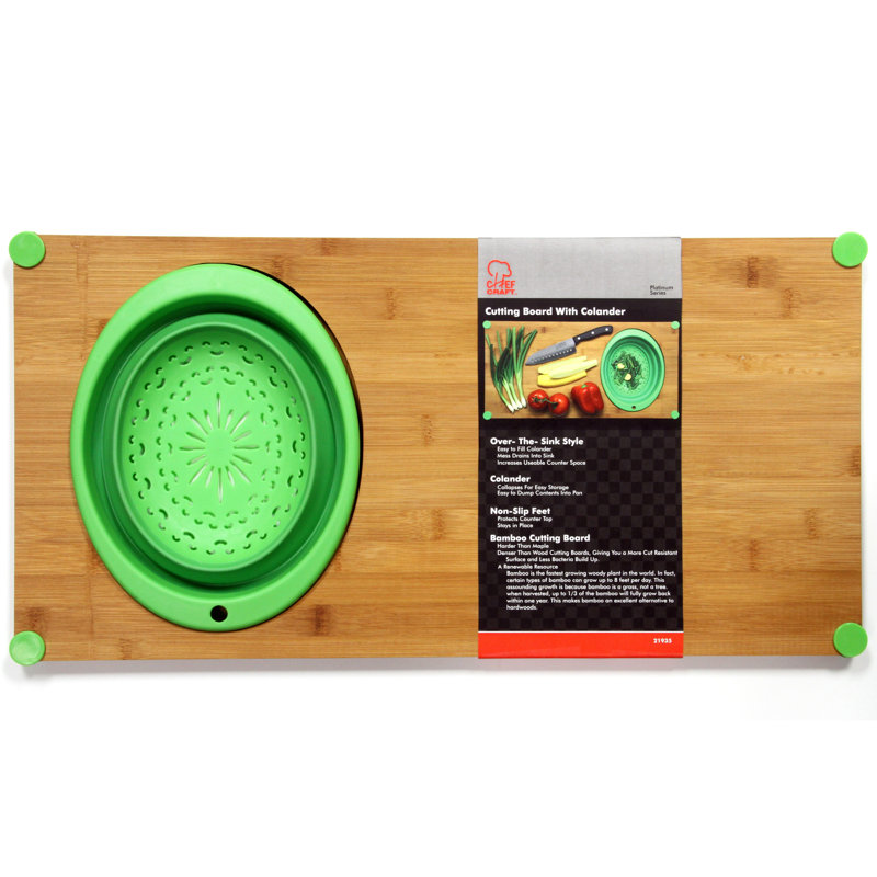 Over The Sink Bamboo Cutting Board With Collapsible Colander