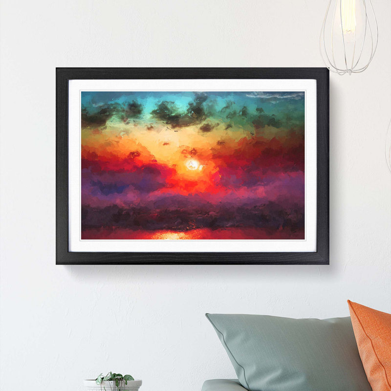 Rainbow Sunset over the Ocean in Abstract - Picture Frame Painting Print, 35cm H x 50cm W x 2cm D, Black