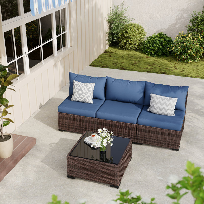 Ensemble canapé de jardin 3 places en résine tressée avec coussins et table basse en verre, Marine
