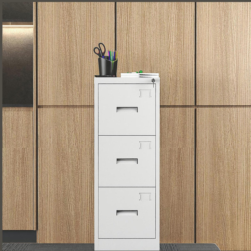 3 Drawer Metal Vertical File Cabinet with Lock and Card Slot, White