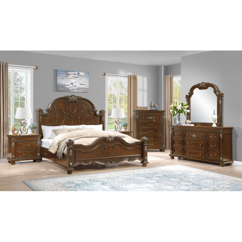 Ensemble de chambre à coucher 5 pièces Isabella, Cinq articles : lit, commodes, miroir, table de c, Grand lit