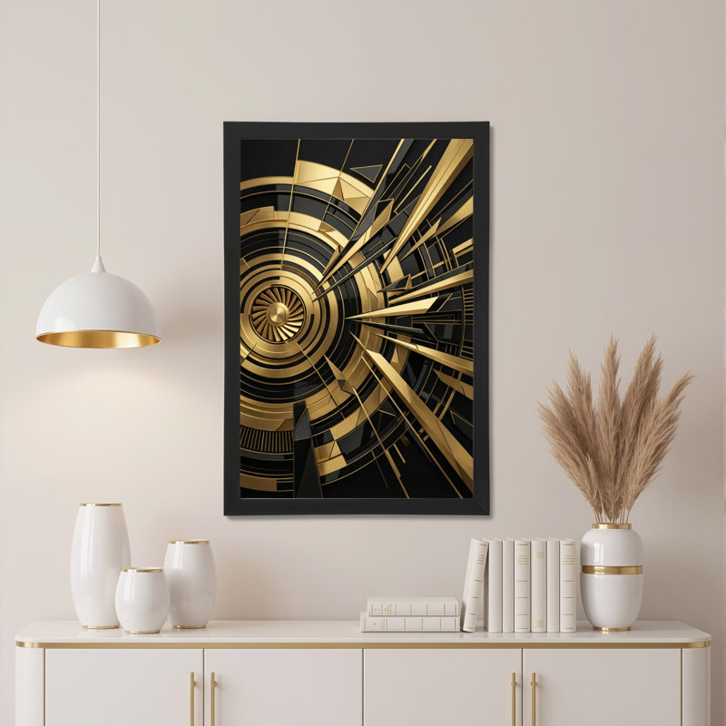 Motif géométrique abstrait doré et noir sur toile tendue, ensemble de 1 reproduction d'art sur toile, H 24 po x l 16 po