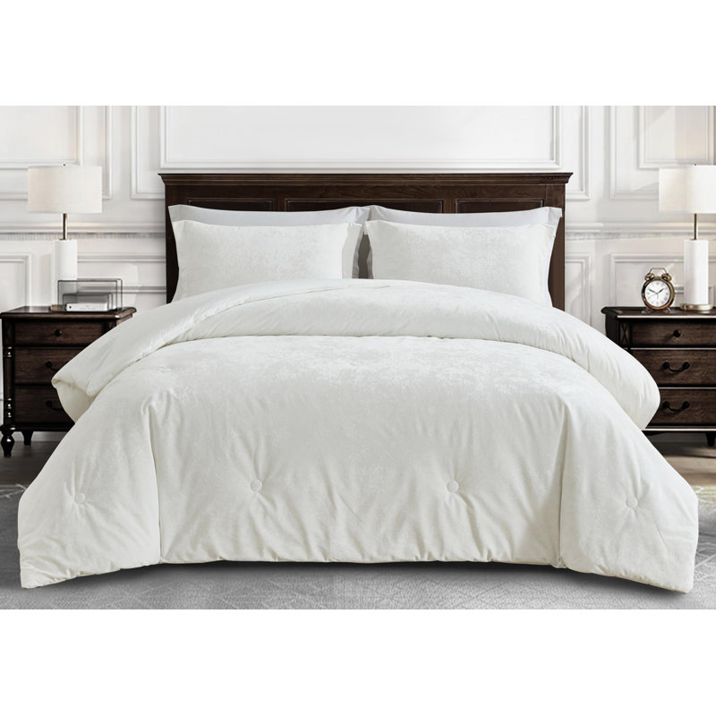 Lux Distressed Velvet Reversible Comforter Set, King Comforter + 2 King Shams, Cream White