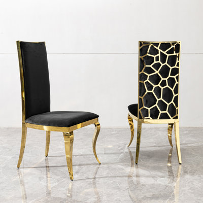 Ensemble de 2 chaises en velours avec dossier au design unique et pieds en acier inoxydable doré