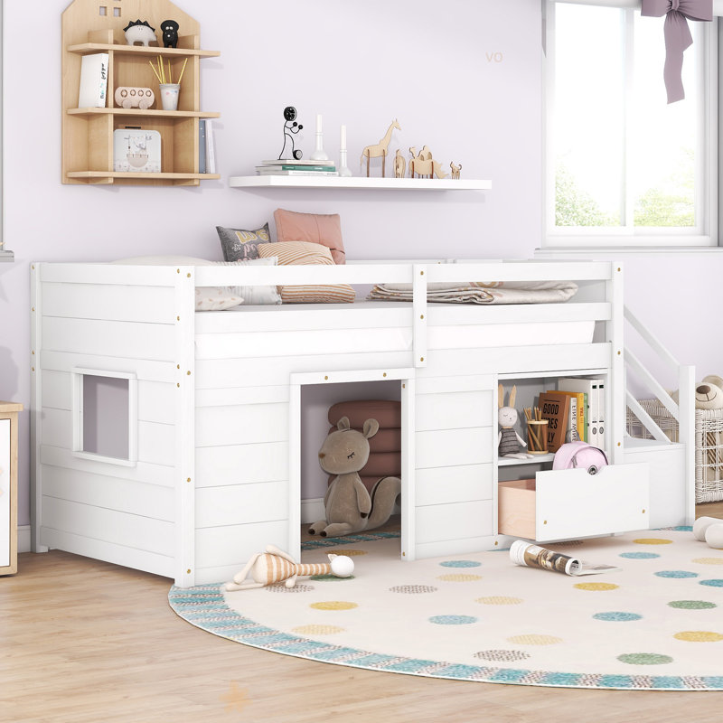 Lit simple en bois massif avec lit double, escalier et tiroir
