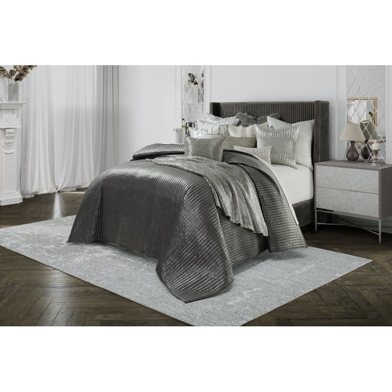 Maya Velvet Quilt Set, Charcoal, King Quilt + 2 Pillow Shams
