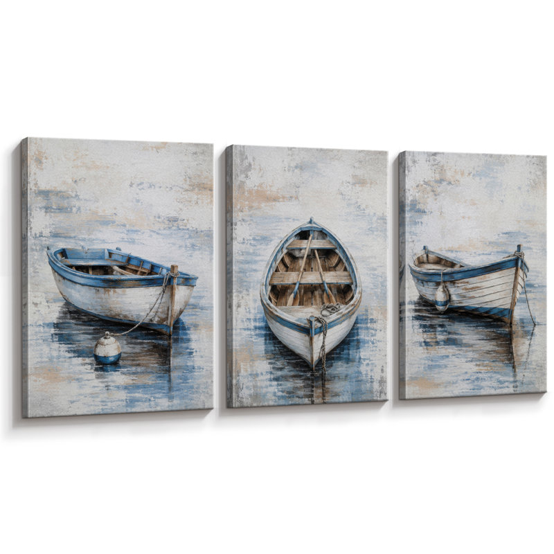 «Rustic Blue Row bateau Coastal», images de salle de bain, impression sur toile encadrée, 3 pièces, Wrapped Canvas