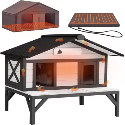 Heated Cat House for Outside Outdoor Cat House Insulated with Heated Pad, Insulated Liner, Large Wooden Shelter with Large Porch and Two Escape Doors for Multiple Cats, Black & White