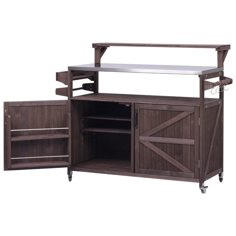 Hadley 53" Rustic Outdoor Kitchen Island With Raised Shelf And Stainless Steel Top, Brown